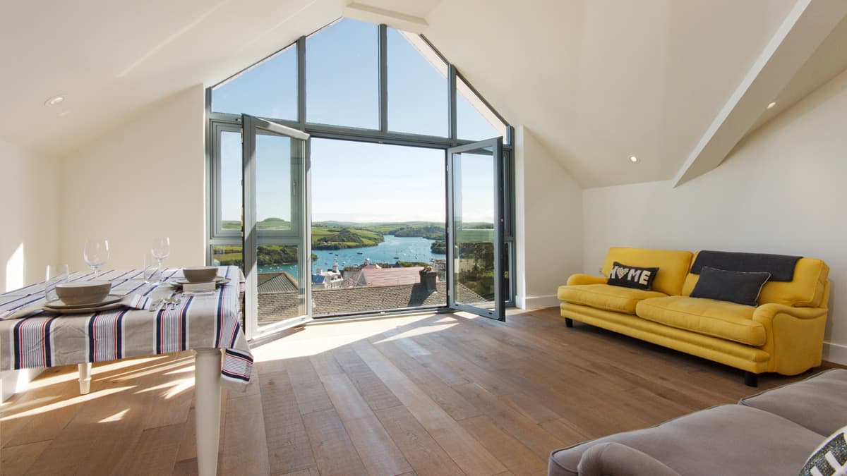 The living room at Lundy with it's beautiful views over salcombe estuary